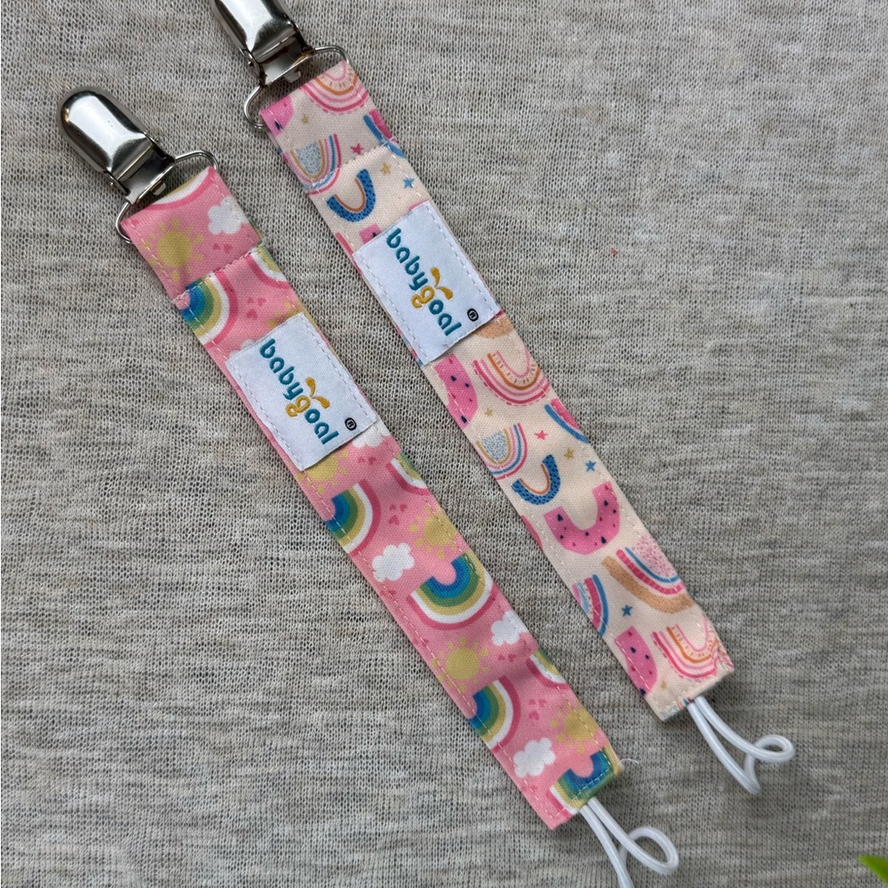 SET OF 2 - Cloth Pacifier Suspenders straps with Metal Clasps, Pink Rainbow